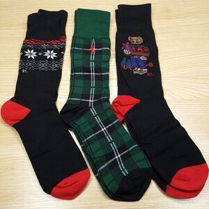 POLO RALPH LAUREN Crew Socks Mens 10-13 Black Fair Isle Tartan Plaid Bear Logo